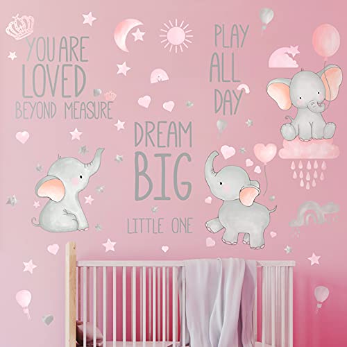 Dream Big Little One Стикери за стена под формата на Слон, Стикери за стените на Детската Стая, Луната, Балон, Сиви Звезди,