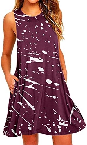 Женствена рокля за Пролетта и лятото на 2023, Ежедневна Рокля без ръкави, с кръгло деколте и джоб с принтом