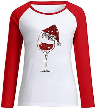 Hoody за Жени Коледна Шапка Вино Чаша Графичен Дълъг Ръкав Кръгъл Отвор Цветен Блок Коледен Пуловер Hoody