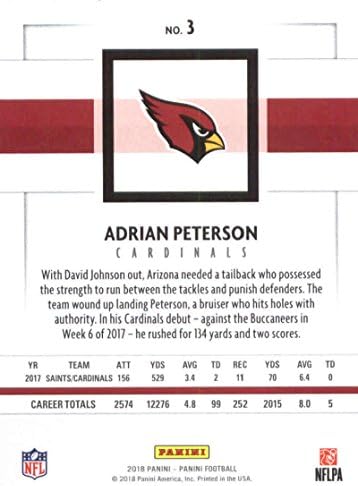 2018 Панини Футбол NFL #3 Адриан Питърсън Аризона Кардиналс Официалната Търговска карта