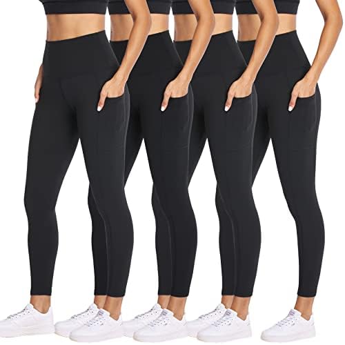 NexiEpoch 4 Опаковки Леггинсов за жени с джобове - Контрол на корема с висока талия за тренировки, Панталони за Джогинг, Йога, Размер Reg & Plus