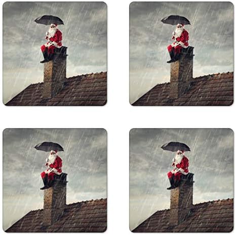 Комплект от 4 коледни каботажните Ambesonne, Снимка на дядо коледа, Седнал на камината с чадър под проливния дъжд, Квадратни