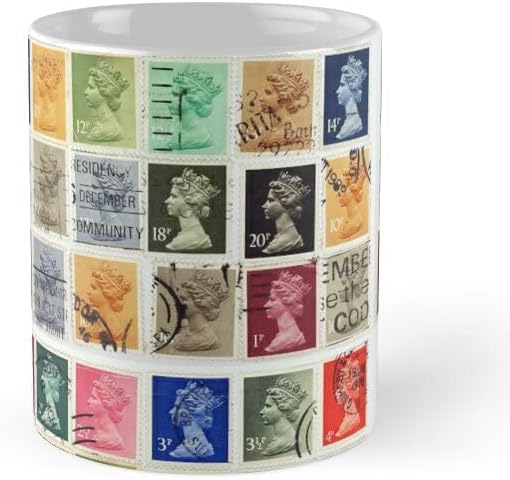 Британските пощенски марки С профила на кралица Елизабет Керамични Кафеена чаша - Кралски подарък за колекционери на