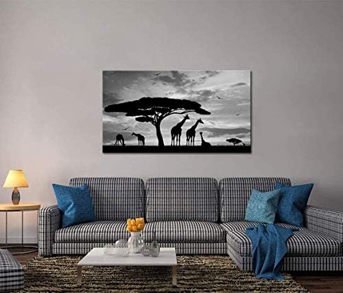 Artsbay Животно Платно Стенно Изкуство Семейство Жирафи Под едно Дърво на Картина Разпечатки Черно-бял Пейзаж Художествена Картина за Съвременната Хол Спалня Офис Ук
