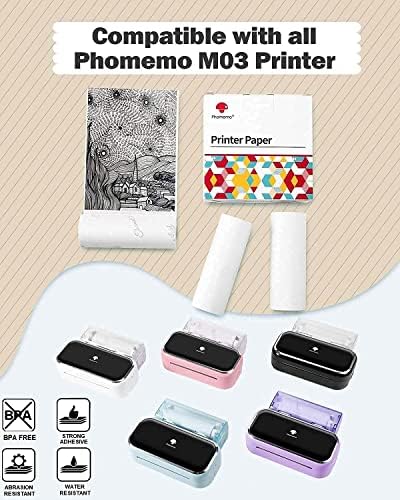 Джобен принтер Phomemo M03 - Преносим фотопринтер с 3 ролята, 3 инча черно на бяло, 77 mm x 3,5 м, 3 инча X 11,5 метра, съвместим с iOS + Android за снимки, журналист, работа, план-(лилаво)