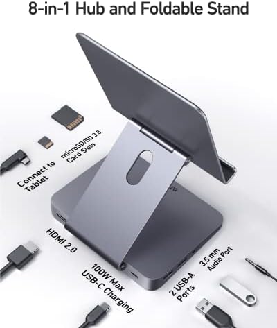 Anker, 551 hub USB-C (8 в 1), със сгъваема стойка за таблет, зарядно устройство, 4K, HDMI, 2 порта за трансфер на данни