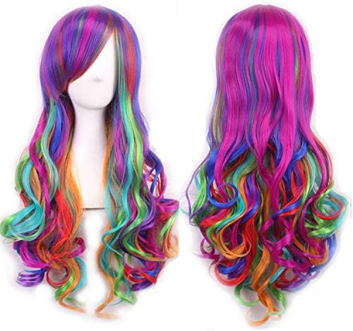 Andongnywell разноцветни къдрави перуки смесени цветове за жените, дълги вълнообразни синтетични перука с пробором, огнеупорни