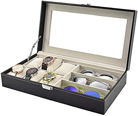 Ковчег за бижута YASEZ - Изкуствена Кожа с Прозрачен Капак, Кутия За Съхранение на Бижута, Органайзер за Витрини с 3 Мрежи 6 за Очила и Часовници