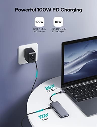 Хъб USB-C, адаптер-USB хъб-C 8 в 1 с резолюция 4K, HDMI, мощност 100 W, портове USB, C и 2 USB-A за предаване на данни със скорост 5 Gbit/s, четец за карти microSD/SD/ TF карта, жак за слушалки, лапт