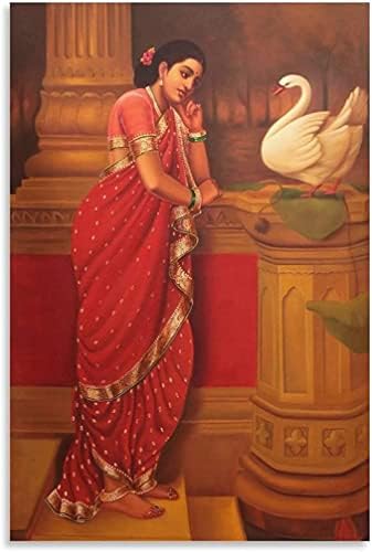 Картина върху платно Раджа Рави Варма Хамсия и Дамаянти Живопис с маслени бои Художествен Плакат, Постер за украса Спални