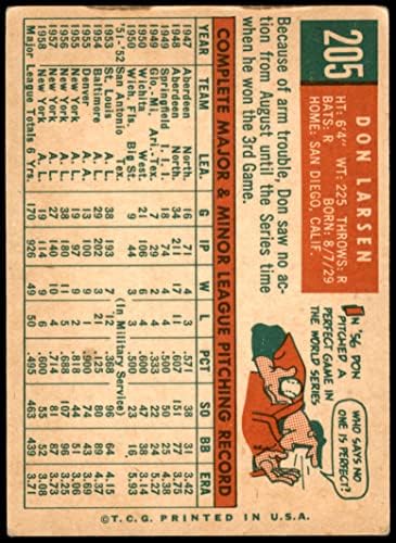 1959 Topps 205 Дон Ларсен Ню Йорк Янкис (Бейзболна картичка) VG+ Янкис