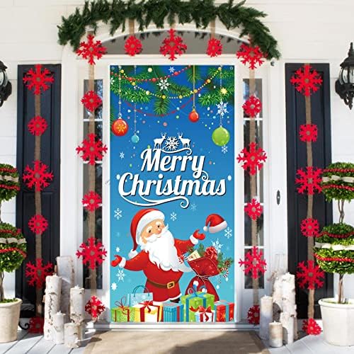 Вратата на кутията KEPMOV весела Коледа, Банер За украса на Коледното врати, Синьо Коледен Банер на Дядо Коледа, на Фона