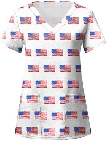 Тениски на 4 Юли за Жени с Флага на САЩ, Лятна Тениска с Къс Ръкав и V-образно деколте и 2 Джобове, Блузи, Празнична Ежедневни работни Дрехи