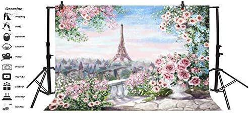 Laeacco Романтична Парижки Градския пейзаж, маслени Бои Фон 10x8ft Винил Красив Букет От Розови Рози Балкон Към Айфеловата