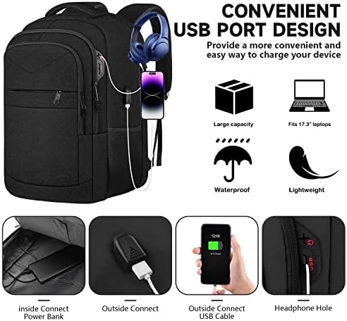 Раница за лаптоп Lapsouno Travel, Издръжливи на Голям 17-инчов раница за носене, одобрен от TSA за пренасяне в самолет, анти-кражба училищна чанта, USB (black + Озерно-зелен)
