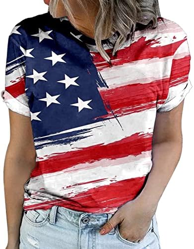 На 4 юли Дамски Ризи С Флага на САЩ Лятна Тениска С Къс ръкав V Образно деколте В Ивица със Звездите на Свободния Намаляване