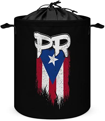 PR Флаг Пуерто Рико 42L Кръгла Кошница За Дрехи, Сгъваема Кошница за Дрехи с завязками Отгоре