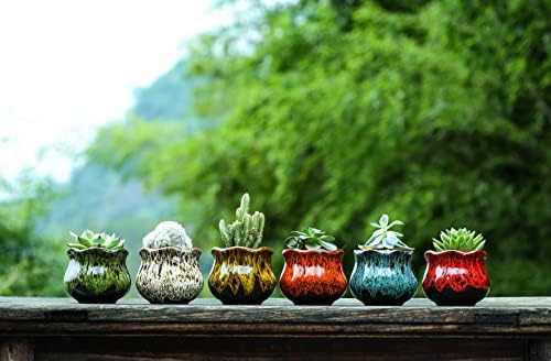 Красиви керамични саксии за сукуленти Fulloog, Градински саксии с Дренаж и прикачени Блюдцем, Комплект от 6 растения