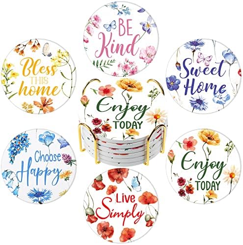 Керамични Подложки с притежателя на Комплекти от 6 Флорални на Каботажните Цвете Поле цвете Керамична Поставка за напитки, Подходящи за различни Чаши Дървен Декор