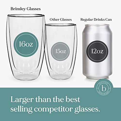 Чаши brimley с двойни стени на 16 унции, 2 опаковки - Изолирани чаши за топли и студени напитки - Изолирани чаши за пиене от borosilicate стъкло - Устойчиви на надраскване, могат