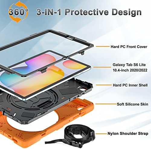 Оригинален калъф Samsung Galaxy Tab S6 Lite 10,4 инча 2022/2020 (SM-P610/P613 / P615 /P619) с държач за дръжка, въртяща се на 360 ° стойка / каишка за ръка, Противоударным защитен калъф Galaxy S6 Lite за де