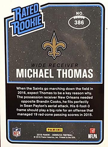 Майкъл Томас Карта начинаещ Donruss Mint с рейтинг #386, на която е Изобразена звезда New Orleans Saints в Черен тениска