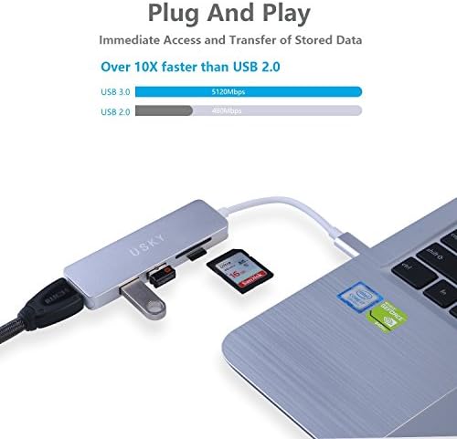 Хъб USB C, Многопортовый хъб USB Type-C с HDMI порт, 2 USB 3.0, четец на карти SD /TF карта, адаптер USKY USB-C-HDMI