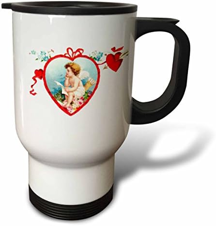 3dRose Ретро Купидон в червена рамка във формата на сърце. Грижовен дете-ангел -херувимчик. Романтичната свети валентин- Пътна чаша, 14 грама, Многоцветен