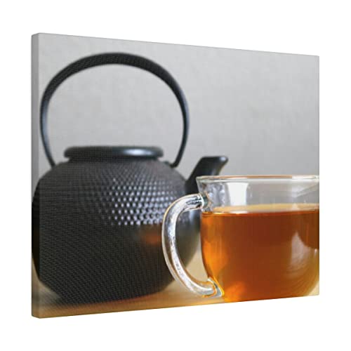 Чаша чай с Черен Метален Чайник на масата Цвят Matte Canvas 16x20, Опъната в рамка, Готов да бъде обесен, Авторска фотография,