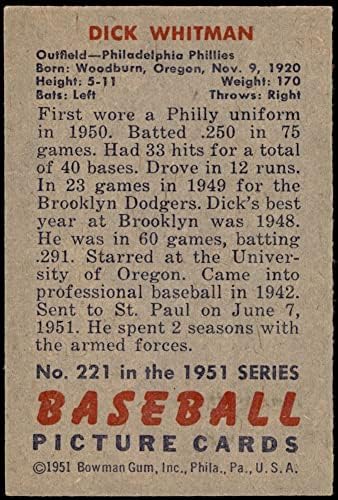 1951 Боуман # 221 Дик Уитман Филаделфия Филис (Бейзболна картичка) EX/MT Phillies
